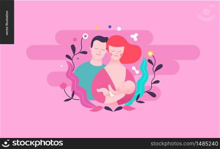 Reproduction - a breast feeding woman, baby and a man. on the pink background. Reproduction - a feeding woman, baby and a man