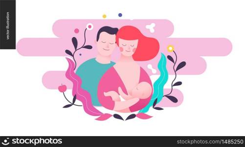 Reproduction - a breast feeding woman, baby and a man. on the pink background. Reproduction - a feeding woman, baby and a man