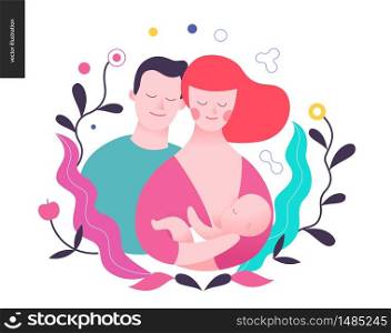Reproduction - a breast feeding woman, baby and a man surrounded by plants. Reproduction - a feeding woman, baby and a man