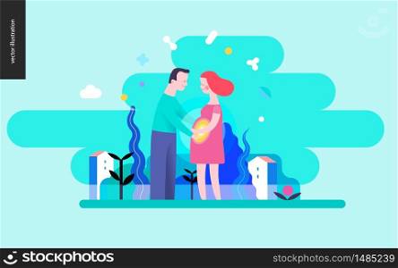 Reproduction - a couple expecting baby on a green landscape background. Reproduction - a pregnant couple