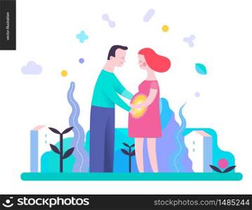 Reproduction - a couple expecting baby on the landscape background. Reproduction - a pregnant couple