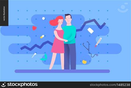 Reproduction - a couple planning a baby, on a blue background, plot and medicine elements. Reproduction - a couple planning a baby