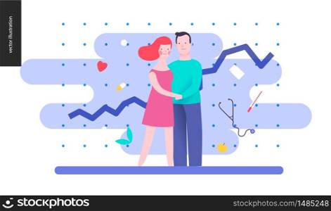 Reproduction - a couple planning a baby, on the blue background, plot and medicine elements. Reproduction - a couple planning a baby