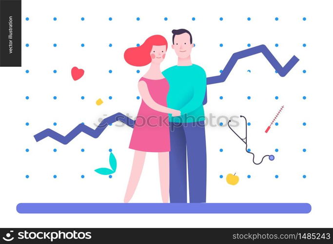 Reproduction - a couple planning a baby, on the white background, plot and medicine elements. Reproduction - a couple planning a baby