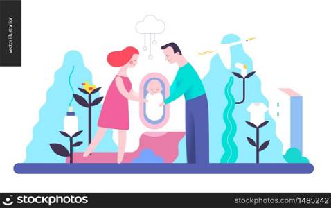Reproduction - a family with a baby among trees and plants with infant elements, without background. Reproduction - a family with a baby