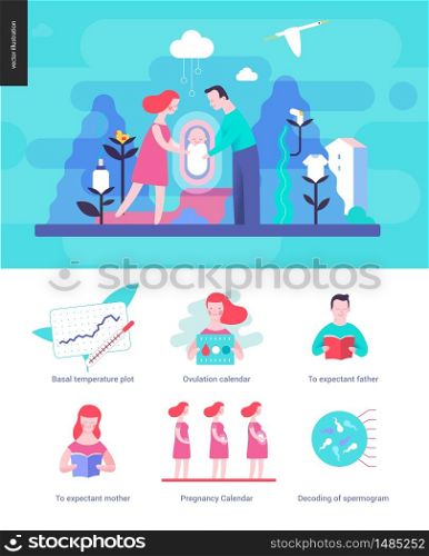 Reproduction - interface template wit a vector illustration and a set of illustrated icons. Reproduction - vector illustration and a set of illustrated icons