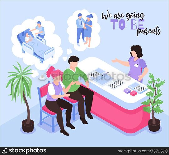 Reproduction isometric composition with young couple going to be parents 3d vector illustration