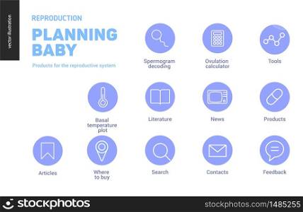 Reproduction - set of few outlined icons on fertility and pregnancy. Reproduction - set of outlined icons