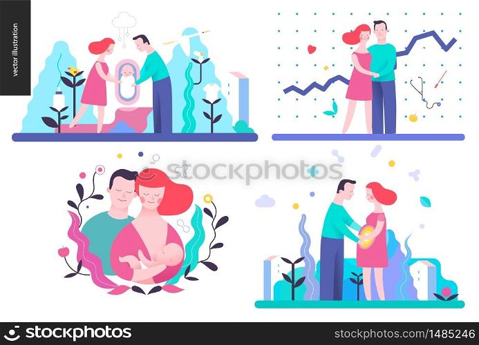 Reproduction - set of vector illustrations on conception, pregnancy, childbirth and breast feeding. Reproduction - set of vector illustrtaions