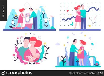 Reproduction - set of vector illustrations on conception, pregnancy, childbirth and breast feeding. Reproduction - set of vector illustrtaions