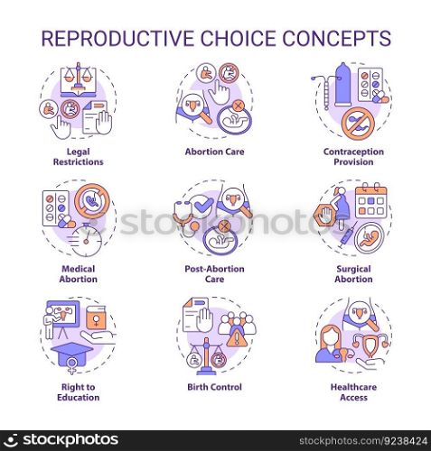 Reproductive choice concept icons set. Female empowerment. Sexual health. Social justice. Birth control. My body. Women right idea thin line color illustrations. Isolated symbols. Editable stroke. Reproductive choice concept icons set