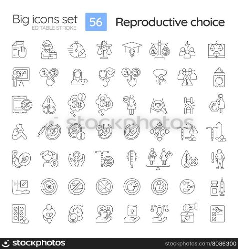 Reproductive choice linear icons set. Human pregnancy. Social issue. Well being. Reproductive right. Pro choice. Customizable thin line symbols. Isolated vector outline illustrations. Editable stroke. Reproductive choice linear icons set