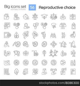 Reproductive choice linear icons set. Human pregnancy. Social issue. Well being. Reproductive right. Pro choice. Customizable thin line symbols. Isolated vector outline illustrations. Editable stroke. Reproductive choice linear icons set