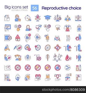 Reproductive choice RGB color icons set. Women empowerment. Reproductive health. Human right. My body. Isolated vector illustrations. Simple filled line drawings collection. Editable stroke. Reproductive choice RGB color icons set