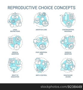 Reproductive choice turquoise concept icons set. Female empowerment. Sexual health. Social justice. Birth control. Women right idea thin line color illustrations. Isolated symbols. Editable stroke. Reproductive choice turquoise concept icons set