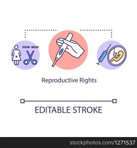 Reproductive rights concept icon. Abortion, birth control, female sterilization. Positive pregnancy test thin line illustration. Vector isolated outline RGB color drawing. Editable stroke