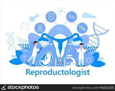 Reproductologist concept vector. Medical healthcare genetic science technology, Center of reproductive medicine with tiny doctors for website. landing page, app. IVF, infertility treatment.. Reproductologist concept vector. Medical healthcare genetic science technology, Center of reproductive medicine with tiny doctors for website. landing page, app. IVF and infertility treatment.