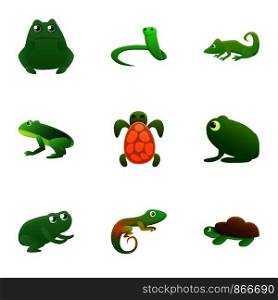 Reptile icon set. Cartoon set of 9 reptile vector icons for web design isolated on white background. Reptile icon set, cartoon style