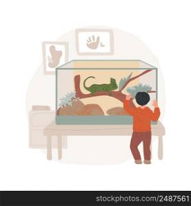 Reptile isolated cartoon vector illustration. Happy kid watching reptile behavior in terrarium, having amphibian as a pet, care for a lizard, exotic domestic animal at home vector cartoon.. Reptile isolated cartoon vector illustration.