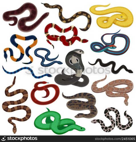 Reptiles decorative icons set of venomous snake creatures of different colors and skin patterns isolated vector illustration . Venomous Snakes Cartoon Set