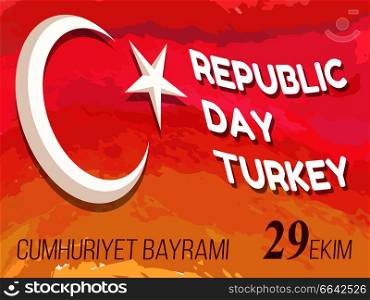 Republic Day Turkey congratulation poster with traditional ornament. Vector illustration of poster on bright background of national colors. Republic Day Turkey Congratulation Poster