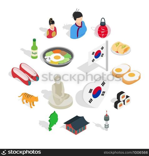 Republic Of Korea icons set in isometric 3d ctyle. South Korea set collection vector illustration. Republic Of Korea icons set, isometric 3d ctyle