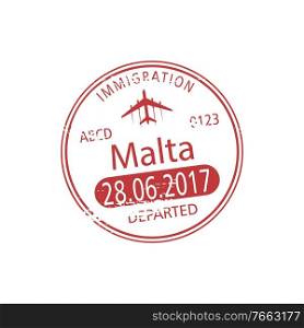 Republic of Malta isolated departed st&. Vector Malta airport visa template, border control. Immigration visa isolated departed from Malta sign