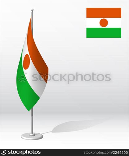 REPUBLIC OF NIGER flag on flagpole for registration of solemn event, meeting foreign guests. NIGER National independence day. Realistic 3D vector on white