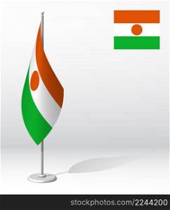 REPUBLIC OF NIGER flag on flagpole for registration of solemn event, meeting foreign guests. NIGER National independence day. Realistic 3D vector on white