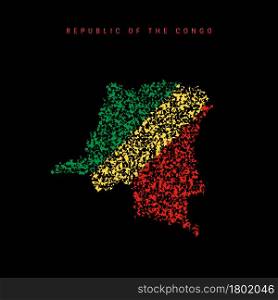 Republic of the Congo flag map, chaotic particles pattern in the colors of the Congolese flag. Vector illustration isolated on black background.. Republic of the Congo flag map, chaotic particles pattern in the Congolese flag colors. Vector illustration