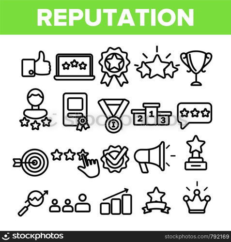 Reputation Linear Vector Icons Set. Reputation Thin Line Contour Symbols Pack. Social Media Feedback, Like Pictograms Collection. Internet Review, Rating. Community Management Outline Illustrations. Reputation Linear Vector Thin Icons Symbol Set