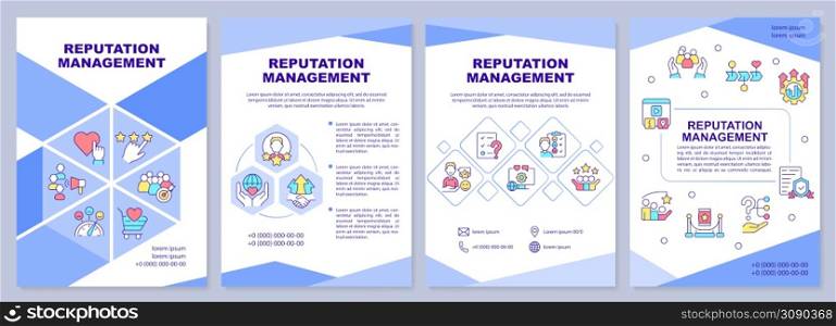 Reputation management blue brochure template. PR work. Leaflet design with linear icons. 4 vector layouts for presentation, annual reports. Arial-Black, Myriad Pro-Regular fonts used. Reputation management blue brochure template