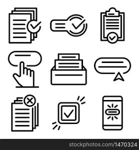 Request icons set. Outline set of request vector icons for web design isolated on white background. Request icons set, outline style