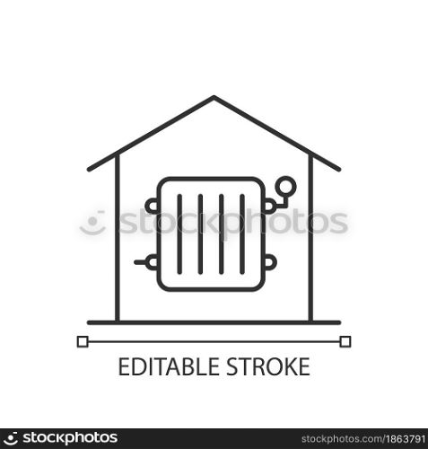 Required heating linear icon. Delivering warm air to rooms. Heat source in habitable spaces. Thin line customizable illustration. Contour symbol. Vector isolated outline drawing. Editable stroke. Required heating linear icon