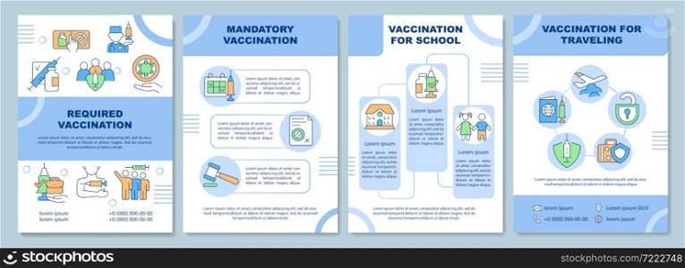 Required vaccination brochure template. For school and traveling. Flyer, booklet, leaflet print, cover design with linear icons. Vector layouts for presentation, annual reports, advertisement pages. Required vaccination brochure template