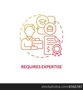 Requires expertise red gradient concept icon. Control data. Economic indicators disadvantage abstract idea thin line illustration. Isolated outline drawing. Myriad Pro-Bold font use. Requires expertise red gradient concept icon