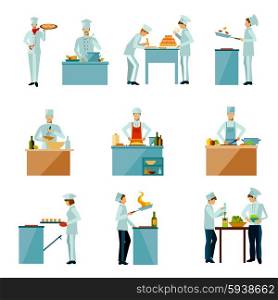 Resataurant chef and people cooking food flat icons set isolated vector illustration. People Cooking Set