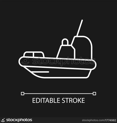 Rescue boat white linear icon for dark theme. Lifeboat for victims rescuing. Survival craft. Thin line customizable illustration. Isolated vector contour symbol for night mode. Editable stroke. Rescue boat white linear icon for dark theme