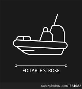 Rescue boat white linear icon for dark theme. Lifeboat for victims rescuing. Survival craft. Thin line customizable illustration. Isolated vector contour symbol for night mode. Editable stroke. Rescue boat white linear icon for dark theme
