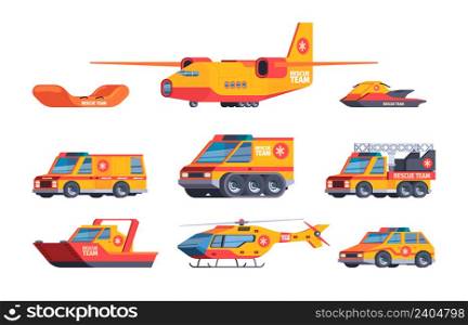 Rescue cars. Accident transport lifeguard service fast ambulance machines flight workers hospital helicopters vector flat illustrations set. Emergency assistance plane and scooter, helicopter and boat. Rescue cars. Accident transport lifeguard service fast ambulance machines flight workers hospital helicopters garish vector flat illustrations set