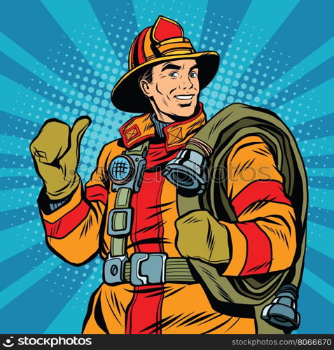 Rescue firefighter in safe helmet and uniform, pop art retro vector illustration