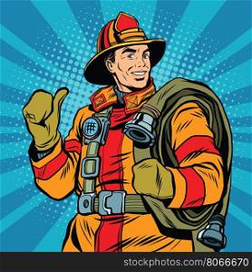 Rescue firefighter in safe helmet and uniform, pop art retro vector illustration
