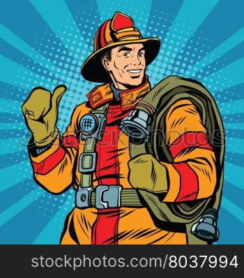 Rescue firefighter in safe helmet and uniform pop art retro vector. The professional rescuer. Rescue firefighter in safe helmet and uniform pop art