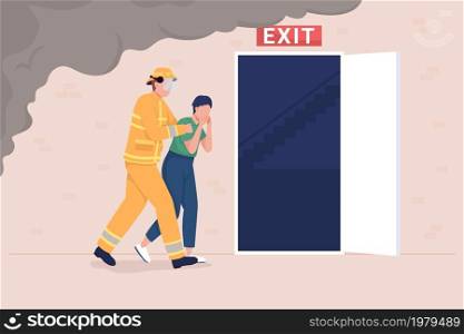 Rescue mission flat color vector illustration. Evacuating occupant. Fire safety. Emergency exit. Firefighter rescuing woman from burning building 2D cartoon characters with smoke on background. Rescue mission flat color vector illustration