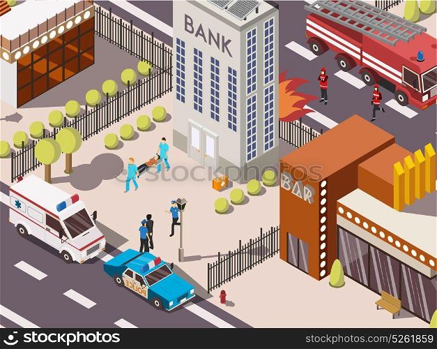 Rescue Service Composition. Isometric 3d rescue service composition with fire engine police and ambulance cars near bank building vector illustration