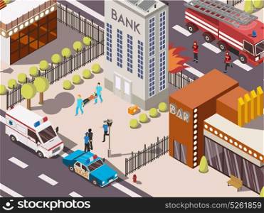 Rescue Service Composition. Isometric 3d rescue service composition with fire engine police and ambulance cars near bank building vector illustration