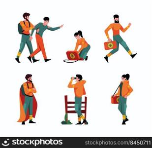 Rescue service. Emergency saving lifeguard characters paramedic rescue occupation garish vector characters in action poses. Illustration of lifeguard and rescue, help service. Rescue service. Emergency saving lifeguard characters paramedic rescue occupation garish vector characters in action poses