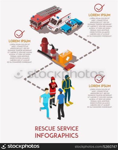 Rescue Service Infograhics. Isometric infographics with text field rescue service workers their cars and equipment vector illustration