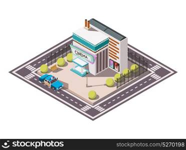 Rescue Service Isometric Set. Rescue service isometric set with police car near cinema 3d vector illustration