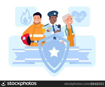 Rescue team. Emergency service career. Police officer. Paramedic and fireman. Protective shield. Employees group. Men and women in uniform. Labor Day holiday. People life protection. Vector concept. Rescue team. Emergency service career. Police officer. Paramedic and fireman. Protective shield. Employees group. Men and women in uniform. Labor Day. Life protection. Vector concept